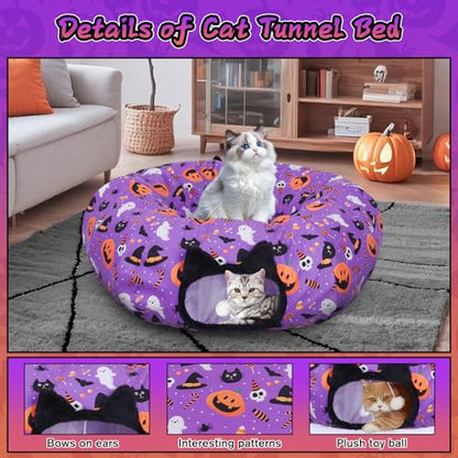 Tidjani Cat Tunnel Bed, Cat Tunnels for Indoor Cats, Foldable Pet Donut Bed with Washable Mat and Dangling Balls, Pumpkins Spider Candy Pattern, Purple Pet Tube Toys Gifts for Kitten, Puppy, Rabbit - style: Purple Pumpkin