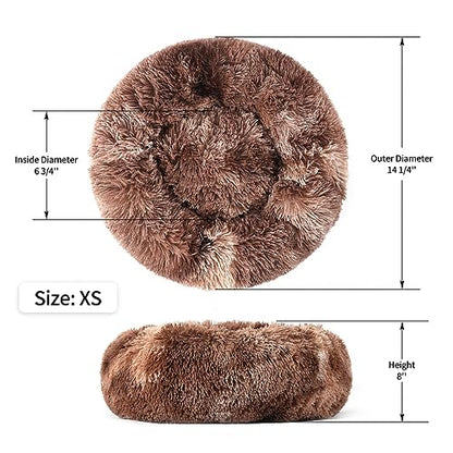 Calming Donut Dog Bed for Small to Medium Dogs & Cats - Plush Faux Fur Anti-Anxiety Pet Bed with Machine Washable Cover & Non-Slip Base - color: Bandhnu Dark coffe, size: X-Small 15.7''
