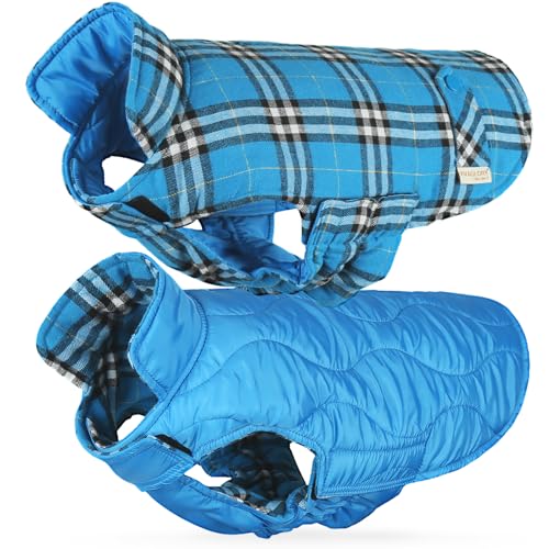 VIVAGLORY Softjoy Dog Coat, Dog Jacket for Winter & Christmas, Coat with Harness Hole, Reversible Plaid Checkered Warm Fluffy Heavy Duty for Puppy, XXS, Blue - color: Blue (Reversible Design), size: XXS: 12-15in (Chest Girth)