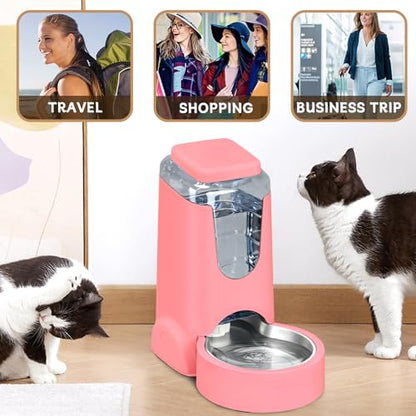 Automatic Cat Feeder and Water Dispenser with Stainless Steel Bowl Dog Gravity Food Feeder and Waterer for Small Medium Pets Puppy Kitten 1 Gallon x 2 - color: Pink（3.8L*2）