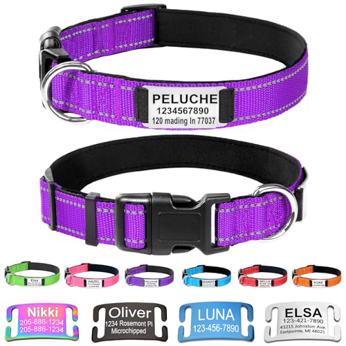 Custom Dog Collars with Name Plate, Engraved Name Plate ID Tags with Reflective Nylon Dog Collar,Soft Neoprene Padded Adjustable Pet Collar for Small Medium Large Dogs,S Purple - color: Purple, size: S(10-16") x 3/4"
