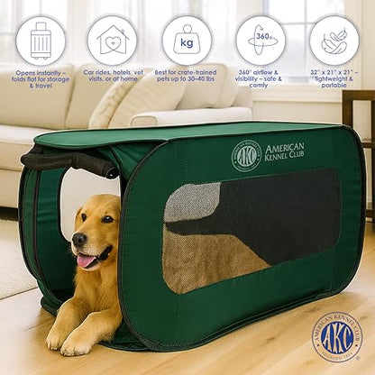AKC 32-Inch Pop-Up Dog Kennel – Lightweight Travel Crate for Small Dogs – Foldable Indoor/Outdoor Pet Enclosure with Mesh Sides - color: Green