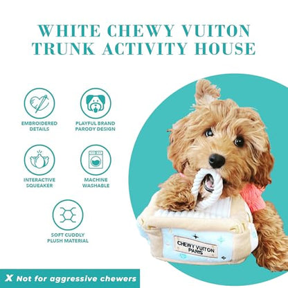 Haute Diggity Dog Chewy Vuiton Trunk Puzzle with 3 Plush Squeaky Dog Toys, Soft Durable Designer-Inspired Stuffed Puppy Chew Toys for Small & Medium Dogs, Machine-Washable (White) One Size - color: White Trunk, size: One Size