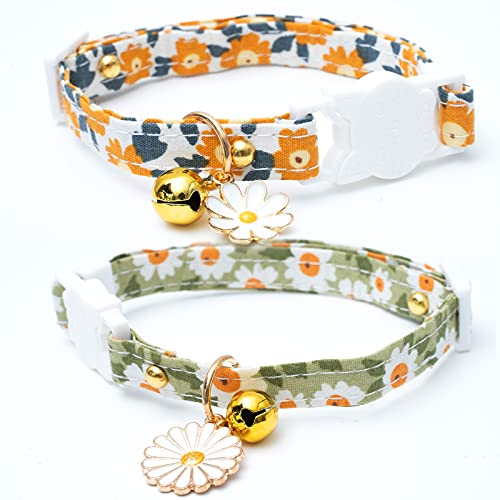 2 Pack Cotton Breakaway Cat Collars with Bell Daisy Pendant Kitty Kitten Collars Green Orange Collar for Female Girl Cats Male Boy Cats - color: Green&Orange