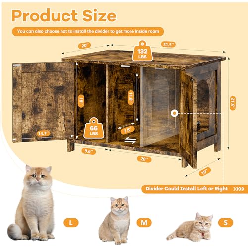 Shintenchi Cat Litter Box Enclosure, Litter Box Furniture Hidden with Removable Divider, Cat House with End Table, Brown, 31.5 inch - color: Brown