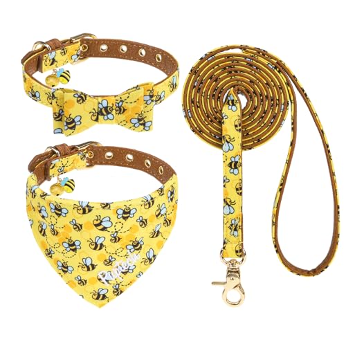 PUPTECK Dog Collar and Leash Set - 3 Pack Adjustable Pet Bandana Collars with Bow Tie and Bells, Soft Leather for Small Dogs Puppies and Cats Accessories, Yellow Bees - color: Yellow, size: S [Collar 9.4-11.8"]