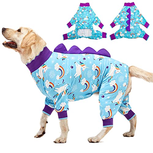 LovinPet Pet Clothes Large Dog, Anti Licking Dog Recovery Clothes, Lightweight Onesie, Starlight Rainbow/Wild Horse Prints American Bully Pajamas, UV Protection, Adorable pet PJ's/Large - color: Blue, size: Large