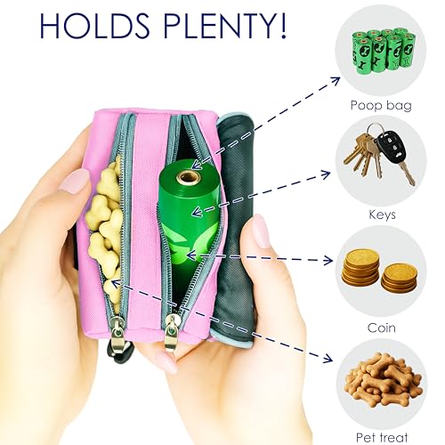 Dog Treat and Poop Bag Holder for Leash, 2 Waterproof Zipper Pouches for Pet Walking Accessories, with Dispenser, Training Clicker and 1 Free Roll (Pink) - color: Pink