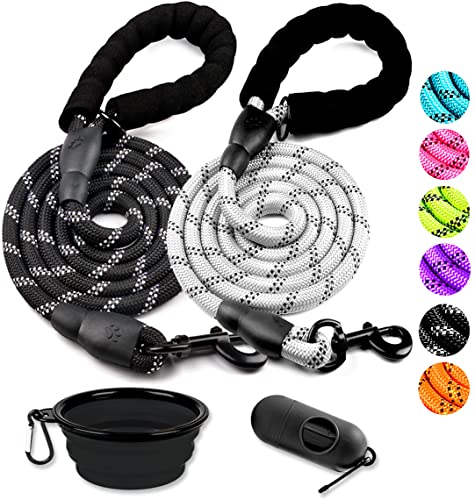 2 Pack Dog Leash 6 FT Heavy Duty - Comfortable Padded Handle - Reflective Dog Leash for Medium Large Dogs with Collapsible Pet Bowl - color: Set 9-Black+Silver, size: 1/2"x 6 FT (18~120 lbs.)