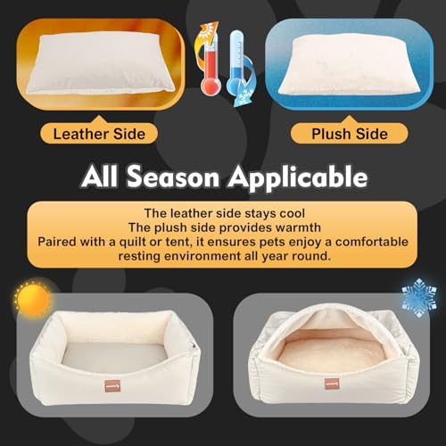 Calming Dog Bed for Medium Dogs,All-Season Leather,Non-Slip One-Key Detachable Washable Dog Bed for Small Dogs Cat Pet Beds with Sides and Cover (White, Medium)
