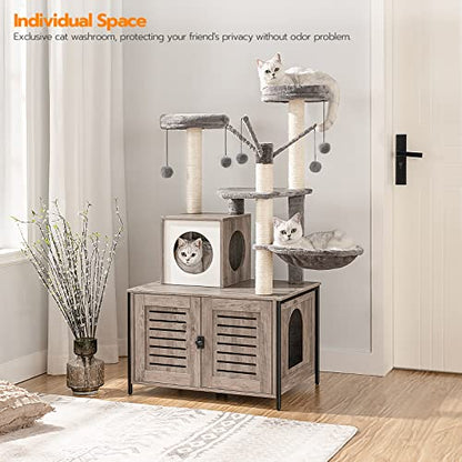 HOOBRO Cat Tree with Litter Box Enclosure, 27.6" L x 18.9" W x 52" H, All-in-One Wooden Cat Tower, Cat Furniture for Indoor Cats, Cat Condo with Hammock, Detachable Teaser Sticks, Greige BG14MZ03 - color: Greige