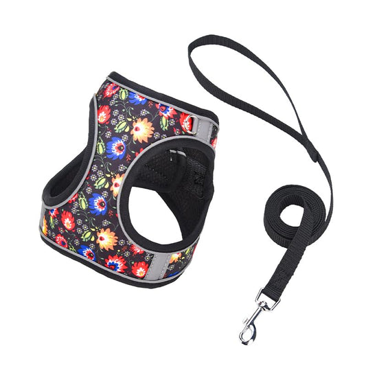 Step in Dog Harness No Pull Flower Adjustable Soft Mesh Padded Reflective Pet Vest Harness and Leash Set for Small Medium Dogs - color: Black, size: XS(neck:9.5"-10.5",chest:11.5"-13.5")