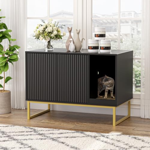 Cat Litter Box Enclosure, Fluted Hidden Litter Box Furniture with Scratch Pad and Metal Legs, Modern Enclosed Cat Cabinet, 31.5 x 17.7 x 21.7 Inches Indoor Pet House for Living Room, Washroom, Black - color: Black, size: 31.5”L x 17.7”W x 21.7”H