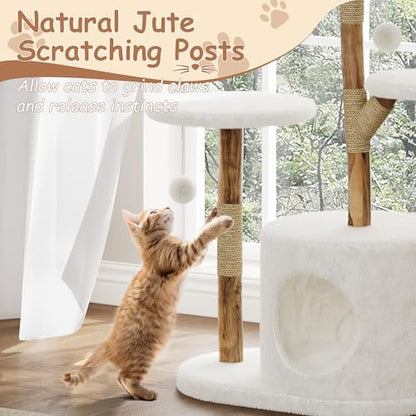 Modern Cat Tree, Solid Wood Cat Tree Tower with Hand-Woven Basket Cat Condo, Natural Jute Scratching Posts Modern Cat Tower with Plush Perches & Dangling Balls, Cat Trees for Kittens & Adult Cats - size: Two Branch