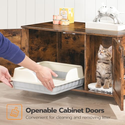 HOOBRO Litter Box Enclosure, Cat Litter Box Furniture with Removable Divider, Large Hidden Litter Box Furniture, Wooden Cat House, End Side Table, 31" L x 17.5" W x 19.7" H Rustic Brown BF03MW01G2 - color: Rustic Brown