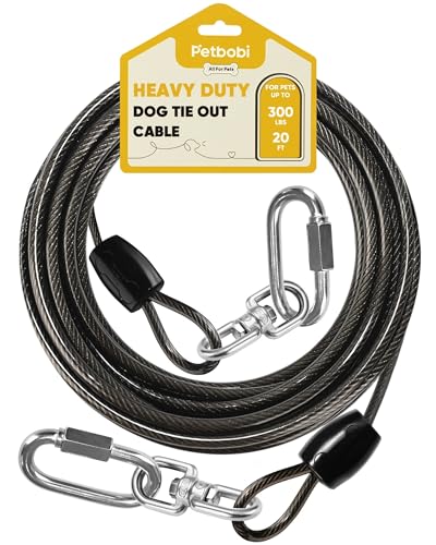 Petbobi Heavy-Duty Dog Tie-Out Cable - 20FT Extra Strong Wire Cable for Large Pets Up to 300Lbs, Rust Proof Dogs Leash with Carabiners and 360° Swivel, Pet Leads for Yard Camping Outside, Black - color: Black, size: 20FT