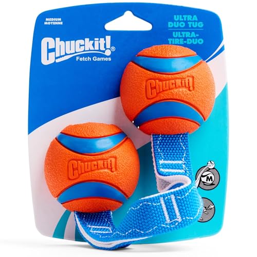 Chuckit! Ultra Duo Tug Dog Toy - Two Ultra Balls on a Durable Nylon Cord Handle - Fetch and Tug-of-War Toy for Dogs - Size Medium - For Breeds 20-60 lbs - 2.5-inch Diameter - Orange and Blue - size: Medium, style: Ultra Duo Tug