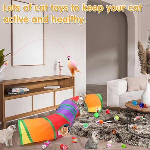 Poen 22pcs Cat Kitten Toys Set with 2 Collapsible Cat Tunnel and 20 Interactive Kitty Feather Toy, Fluffy Mouse, Crinkle Balls, for Kitten Puppy(Multicolor) - color: Multicolor