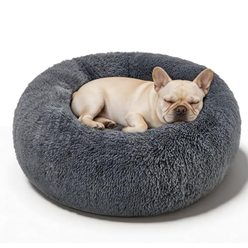 Dog Calming Beds for Small Medium Large Dogs - Round Donut Washable Puppy Dog Bed, Anti-Slip Faux Fur Fluffy Donut Cuddle Anxiety Cat Pet Bed(28" Dark Grey) - color: Dark Grey, size: 28"L x 28"W x 8"Th