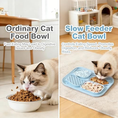 AZY 3-Piece Slow Feeder Cat Bowl and Lick Mat Set – Silicone Cat Treat Spoon & Feeding Mat for Wet Food, Enrichment and Slow Eating (Blue) - color: blue