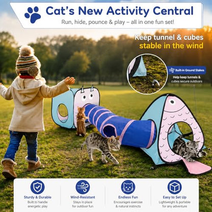 Rypet Cat Toy Tunnel and Cubes Bundle - Interactive Crinkle Collapsible Cat Tube and Foldable Cubes Playground for Kitty, Rabbit, Puppy, Ferret Hiding Hunting and Resting - color: Blue