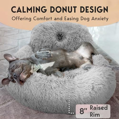 PetJett Small Dog Bed - 23'' Round Dog Beds, Calming Puppy Bed - Anti-Slip & Washable Super Soft Fluffy Plush Faux Fur Pet Bed, Anti-Anxiety Premium Comfort Donut Bed,Fits Dogs upto 25 lbs,Bright Gray - color: Bright Grey, size: Small - 23”L x 23”W x 8”Th