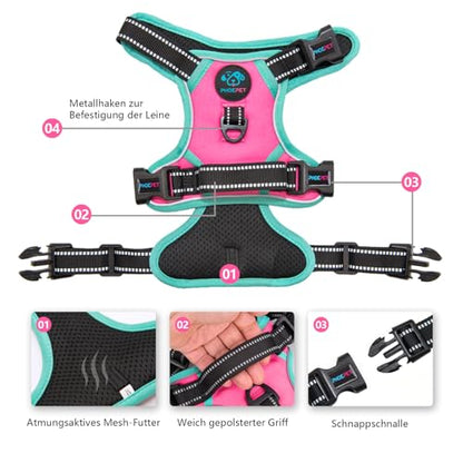 PHOEPET 2019 Upgraded No Pull Dog Harness, Reflective Adjustable Vest, with a Training Handle + 2 Metal Leash Hooks+ 3 Snap Buckles +4 Slide Buckles(XS, Pink) - color: Pink, size: Extra Small