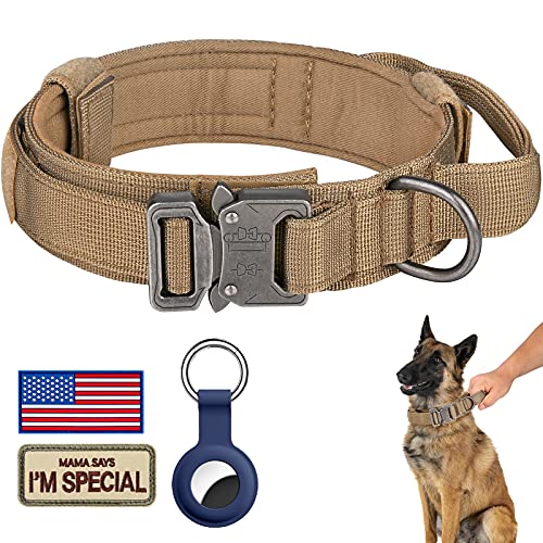 DAGANXI Tactical Dog Collar, Adjustable Military Training Nylon Dog Collar with Control Handle and Heavy Metal Buckle for Medium and Large Dogs, with Patches and Airtags Case (L, Brown) - color: Brown, size: L