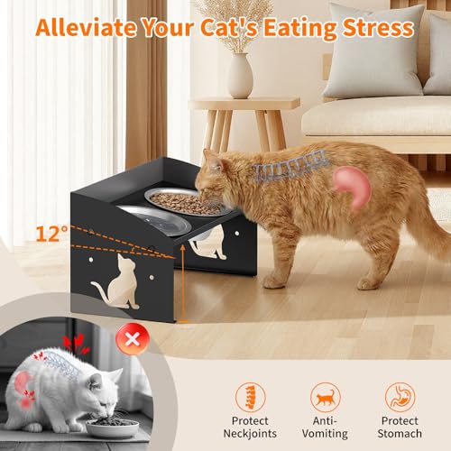 Elevated Cat Bowls with Splash Proof, 12°Tilted No Spill Raised Cat Food Water Bowls Set, Stainless Steel Pets Dishes with Adjustable Cute Metal Stand for Indoor Kitten Puppy, Anti-Vomiting