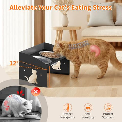 Elevated Cat Bowls with Splash Proof, 12°Tilted No Spill Raised Cat Food Water Bowls Set, Stainless Steel Pets Dishes with Adjustable Cute Metal Stand for Indoor Kitten Puppy, Anti-Vomiting