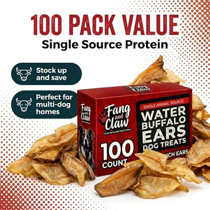 100 Count Water Buffalo Ears for Dogs, Bulk Pack, Jumbo 5-Inch - Pig Ear & Rawhide Alternative, Single-Ingredient Grass-Fed Long-Lasting Natural Dog Chews for Aggressive Chewers - style: 100 Count