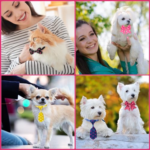 Reginary 100 Pieces Dog Bow Tie Collar Set Include 40 Dog Neckties, and 30 Puppy Bowties, 30 Collar Flowers, Adjustable Pet Ties Grooming for Small Medium Cats Pets Supply(Dot) - style: Dot