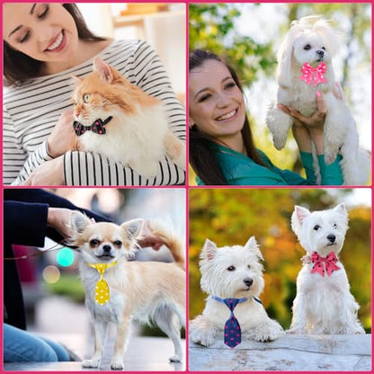 Reginary 100 Pieces Dog Bow Tie Collar Set Include 40 Dog Neckties, and 30 Puppy Bowties, 30 Collar Flowers, Adjustable Pet Ties Grooming for Small Medium Cats Pets Supply(Dot) - style: Dot