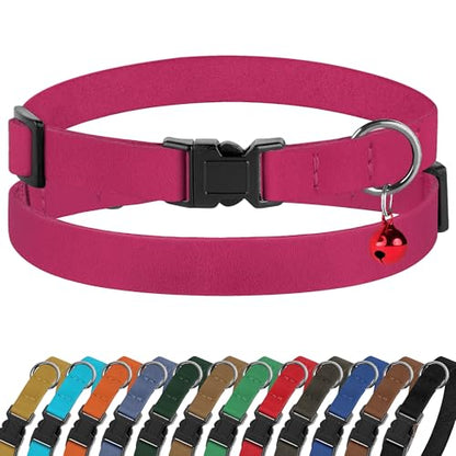 Breakaway Cat Collar Leather with Removable Bell - 13 Colors Available - Soft Adjustable Girl Boy Safety Lightweight Pet Kitten Collars Pink Brown Blue Green Red Orange Black (Pink) - color: Pink