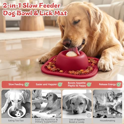 Slow Feeder Dog Bowls & Lick Mat for Liquid and Thick Treat, Anti-Slip Dog Lick Bowl with Interactive Rolling Ball, 5/6 Cup Pup Licking Toy for Large Medium Small Dogs and Cats Red - color: Red