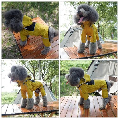 LOVELONGLONG Fleece-Lined Dog Raincoat with Removable Hood – Waterproof Winter Full Body Dog Jacket – Windproof Snowproof Cold-Weather Suit – Yellow-F XXS - color: Mustard Yellow Fleeced, size: XXS (Back 9")