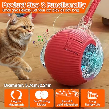 Interactive Cat Toy for Indoor Cats, Smart Motion-Activated Rolling Ball with LED Lights, USB Rechargeable Cat Enrichment Toy for Bored Adult Cats & Kittens to Keep Them Busy (Red)