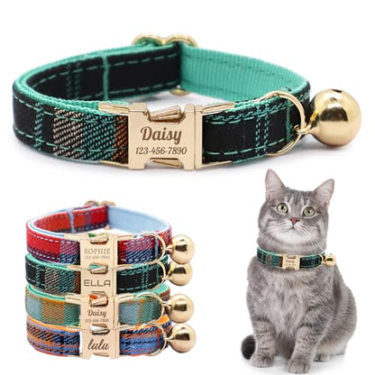 Personalized Plaid Cat Collar with Bell - Non-Breakaway Custom Polyester Kitten Collar with Engraved Name & Phone Number (Pattern 07, S (6.5-10.5 Inches)) - color: Pattern 07, size: S (6.5-10.5 Inches)