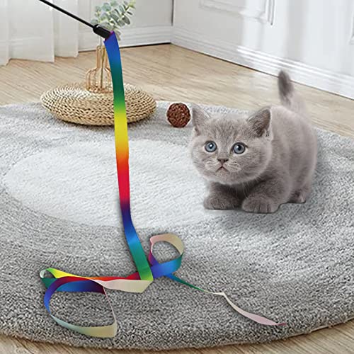 12PCS Interactive Kitten Toys, Retractable Indoor Cat Wand Toys with Replacement Teaser, Rainbow Ribbon and Make Exercise by Sunshinetop - color: Cat Feather Toys