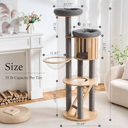 797Audio Wood Modern Cat Tree, 61.5" Tall Cat Tower with Sisal Scratching Posts, Cat Condo, Capsule and Ladder, Solid Wooden Aesthetic Multi-Level Cat Climbing Tree for Large Adult Indoor Cats-Gray - color: 62 Inch-Gray