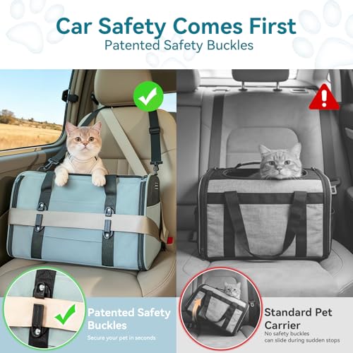 PETSFIT Soft-Sided Cat Carrier with Patented Safety Buckles, Lockable Zippers & Safety Tether,Escape-Resistant Travel Pet Carrier for Car Rides & Vet Visits, Airline Approved Under-Seat, Up to 12 lbs - color: Cyan blue, size: Medium