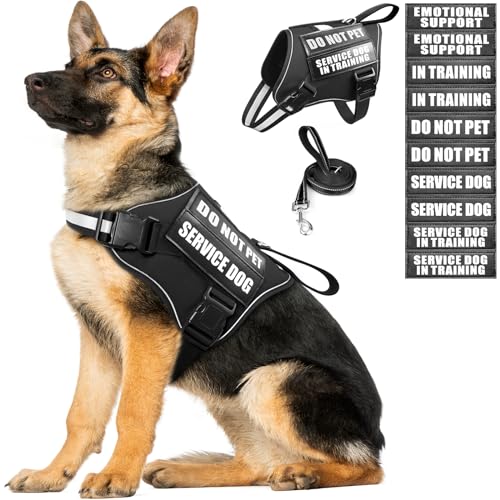 Service Dog Vest Harness and Leash Set+10 Patches,No Pull&Easy Walk Reflective Dog Harness with Soft Padded Handle for Training/Everyday,Fit Small/Medium/Large/Extra-Large Dogs(Black XL) - color: Black, size: Extra-large