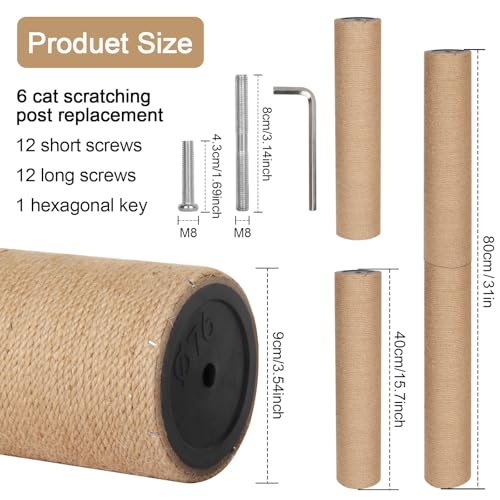 6 Pack Cat Scratching Post Replacement, 15.7 x 3.8 Inches Jute Rope Scratching Post Refill with M8 Screws for Indoor Kittens Tower (Yellow)