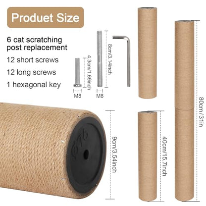6 Pack Cat Scratching Post Replacement, 15.7 x 3.8 Inches Jute Rope Scratching Post Refill with M8 Screws for Indoor Kittens Tower (Yellow)