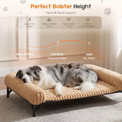 Elevated Dog Bed with Removable Fluffy Pillow Cushion, Raised Pet Cot Washable Bolster, Dog Couch Sofa, Anti Slip Feet, Breathable Mesh, Khaki, 43"×32" - color: khaki, size: L(43"×32"×8")