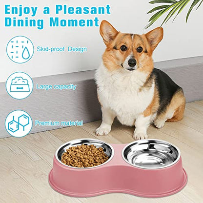 Epetslove Dog Bowls Double Dog Water and Food Bowls Stainless Steel Bowls with Non-Slip Resin Station, Pet Feeder Bowls for Puppy Medium Dogs Cats - color: 3.Pink, size: Medium-18oz