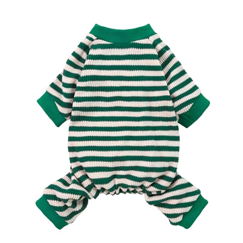 Fitwarm Green and White Striped Dog Pajamas, Waffle Dog Clothes for Small Dogs Girl Boy, Puppy Onesie with Feet, Pet Cat Outfit, XXL - color: Green, size: XX-Large