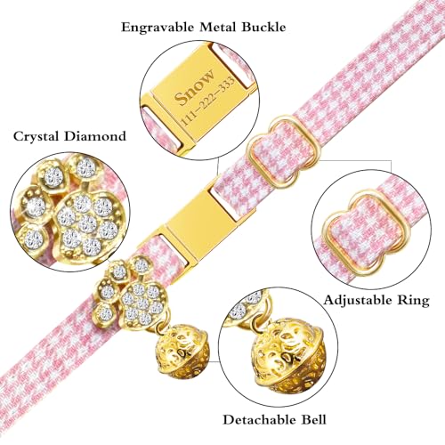 Personalized Breakaway Cat Collars - Magnetic Buckle, Bell - Safety Quick Release, Customized for Girls & Boys Cats- (Houndstooth-Pink) - color: Houndstooth-Pink
