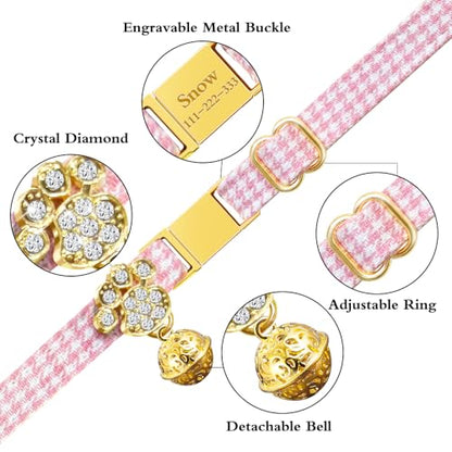 Personalized Breakaway Cat Collars - Magnetic Buckle, Bell - Safety Quick Release, Customized for Girls & Boys Cats- (Houndstooth-Pink) - color: Houndstooth-Pink
