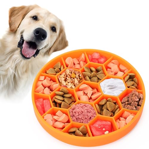Slow Feeder Dog Bowls, Silicone Dog Bowl with Suction Cup for Fast Eaters, Non-Slip & Dishwasher Safe, Reduces Anxiety, Slow Feeding Bowl for Small Medium Large Breed Pet - color: orange